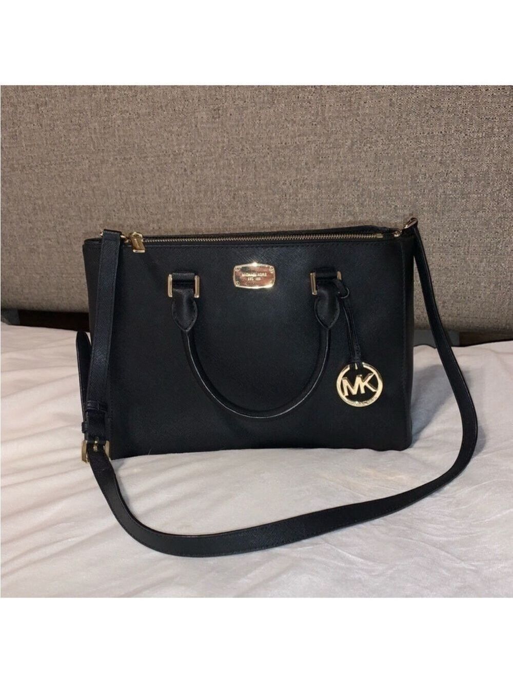 Michael Kors Black Satchel with Gold Accents and Adjustable Strap - Picture 1 of 10